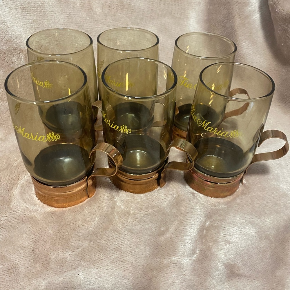 Set of 6 Amber Glass  Cappucino Cups with Copper Holders